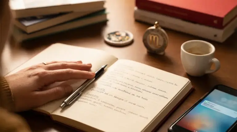 Una mano scrive su un quaderno aperto accanto a un caffè, libri e uno smartphone con messaggio in arrivo