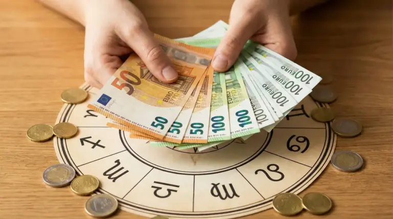 Mani che tengono banconote in euro sopra un cerchio con simboli zodiacali e monete sparse