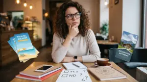 Persona seduta a un tavolo in un bar, pensierosa di fronte a una scelta tra due opzioni di viaggio