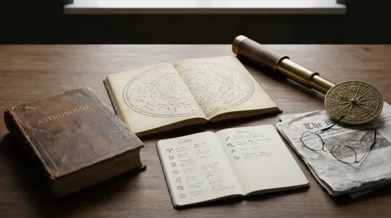 Tavolo con libri, mappa stellare, taccuino zodiacale, astrolabio e occhiali