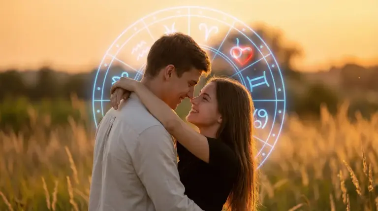 Una coppia abbracciata in un campo al tramonto con simboli zodiacali sullo sfondo