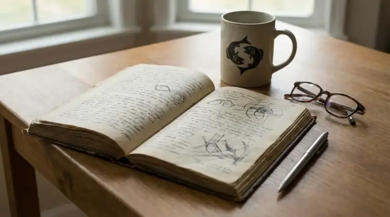 Taccuino scritto a mano su un tavolo con una tazza dello zodiaco, occhiali e penna