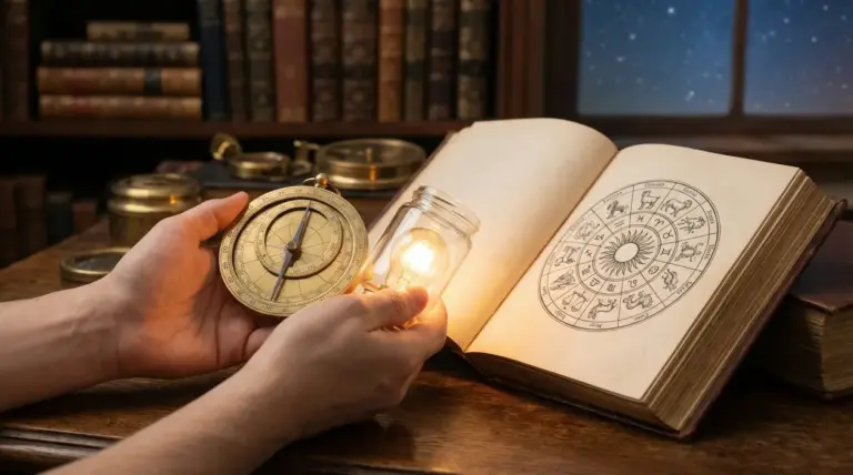 Una persona tiene una bussola antica e una lampadina accesa vicino a un libro aperto con segni zodiacali
