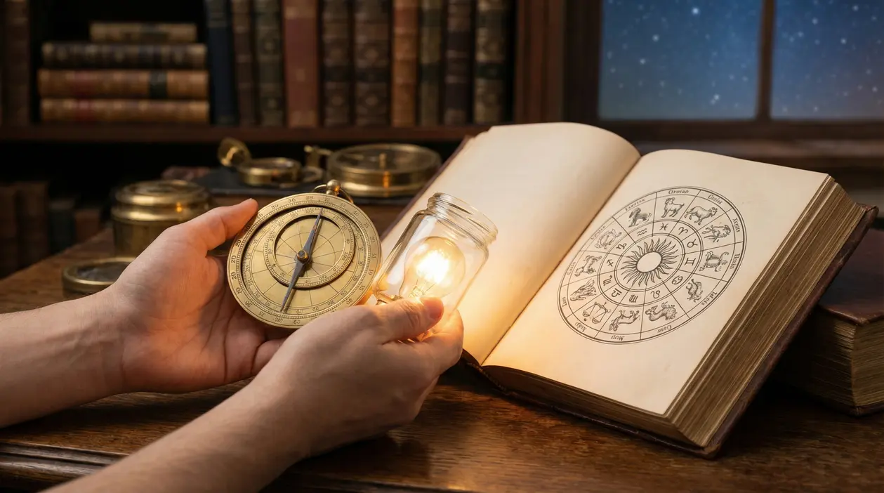 Una persona tiene una bussola antica e una lampadina accesa vicino a un libro aperto con segni zodiacali