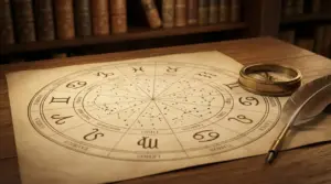 Carta astrologica con simboli zodiacali su un tavolo di legno
