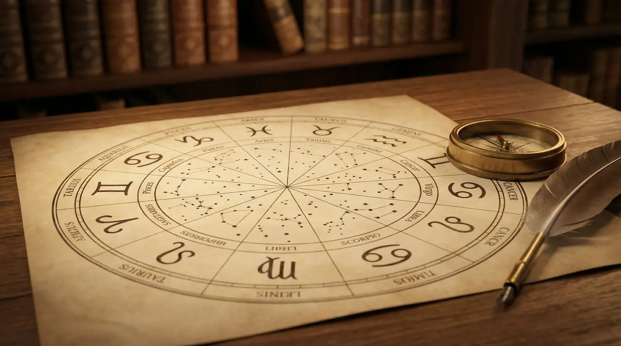 Carta astrologica con simboli zodiacali su un tavolo di legno