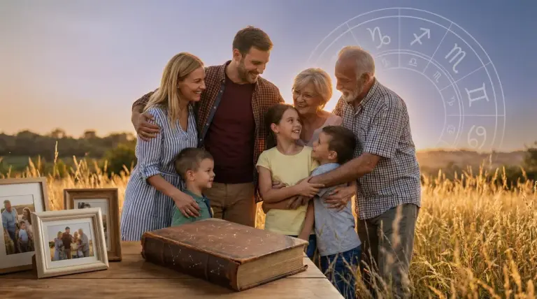 Famiglia di più generazioni abbracciata in un campo al tramonto con simboli astrologici sullo sfondo