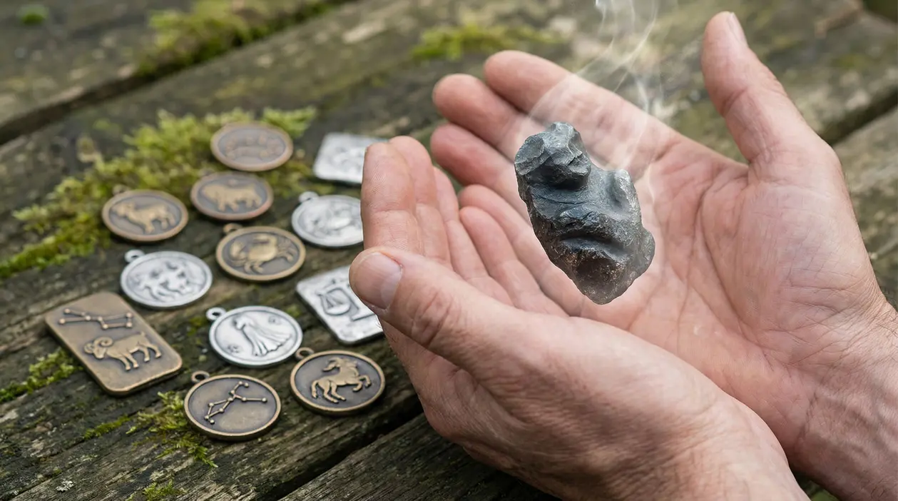 Mani che tengono una pietra fumante accanto a ciondoli con simboli zodiacali su legno