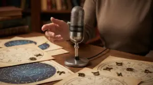 Una persona accanto a un microfono circondata da carte astrologiche con simboli zodiacali