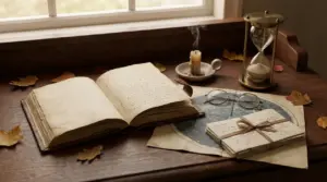 Vecchio libro aperto su un tavolo con clessidra, mappa astrologica e occhiali