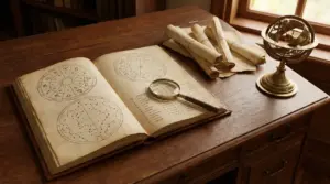 Libro antico con segni zodiacali su un tavolo di legno accanto a una lente d’ingrandimento e strumenti astrologici