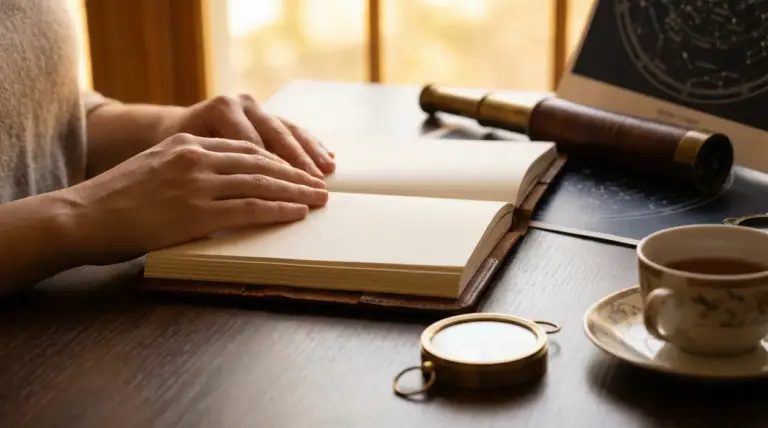 Persona che sfoglia un libro vicino a una tazza di tè e una mappa astrologica