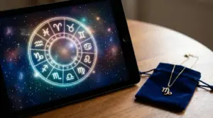 Schermo con zodiaco astrologico e ciondolo dorato su sacchetto blu