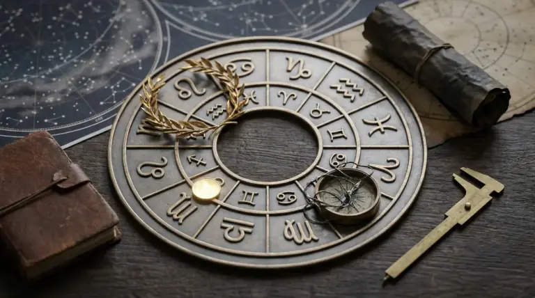Tavola zodiacale circolare con simboli astrologici, su un tavolo con oggetti antichi