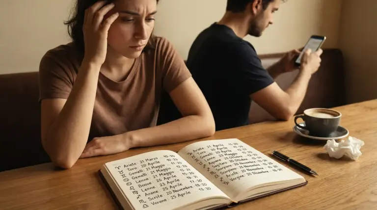 Donna pensierosa guarda un quaderno con segni zodiacali mentre un uomo dietro di lei usa il telefono