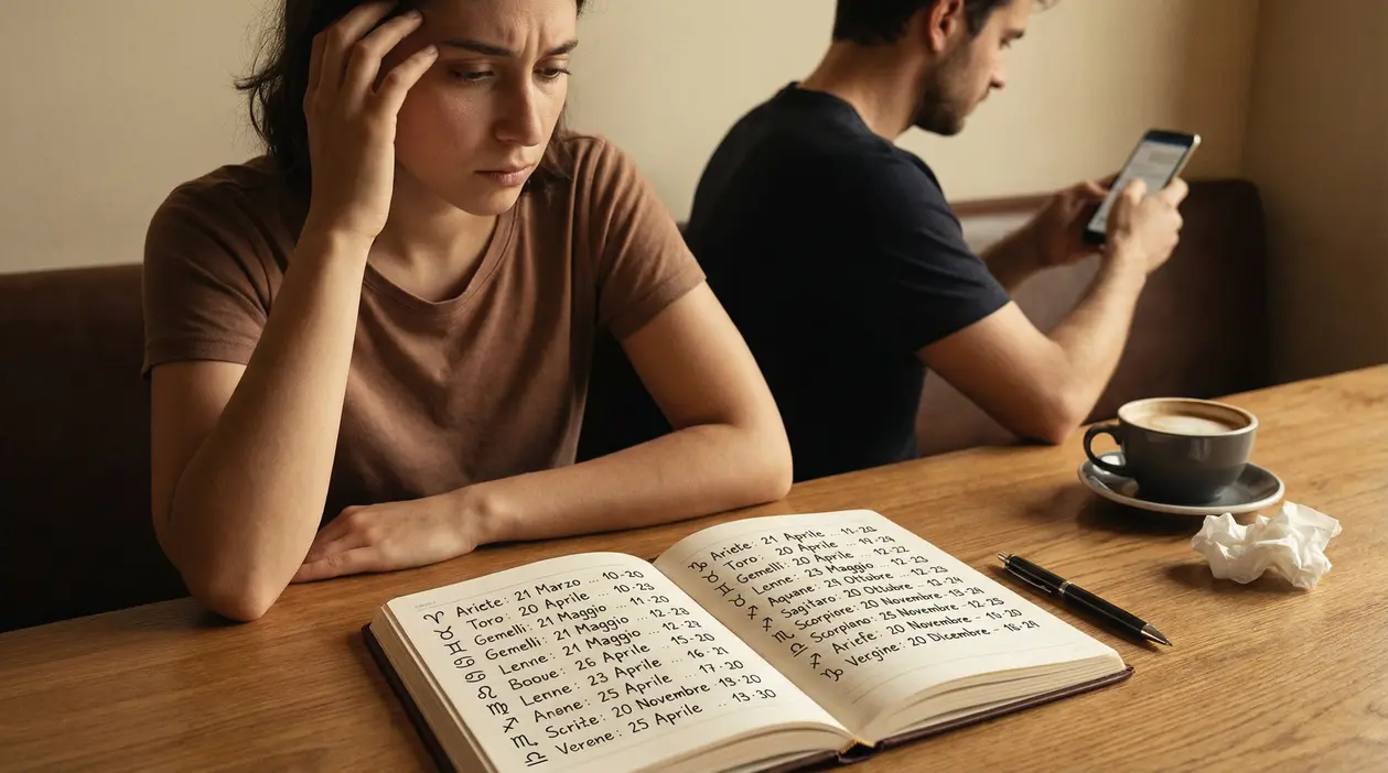 Donna pensierosa guarda un quaderno con segni zodiacali mentre un uomo dietro di lei usa il telefono