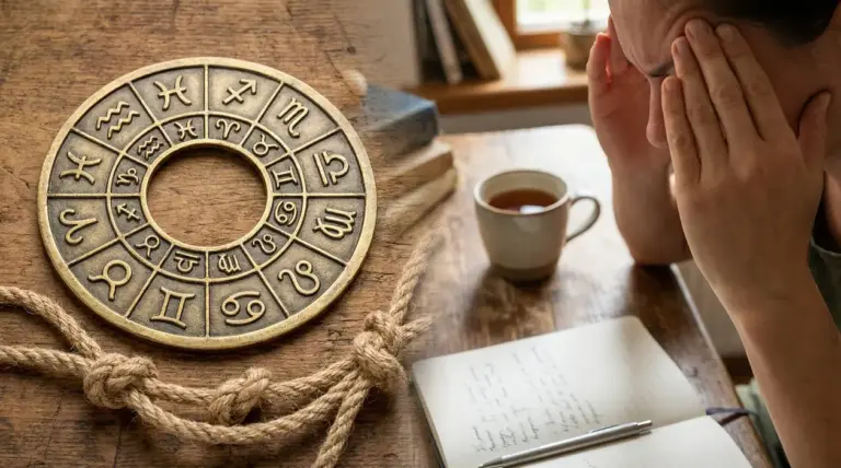 Persona stressata con le mani sul viso accanto a simboli zodiacali su un tavolo