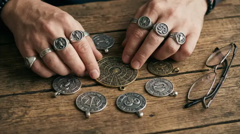 Mani con anelli zodiacali e pendenti con simboli astrologici su un tavolo di legno