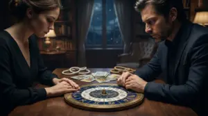 Due persone sedute a un tavolo con una ruota zodiacale e carte dei tarocchi