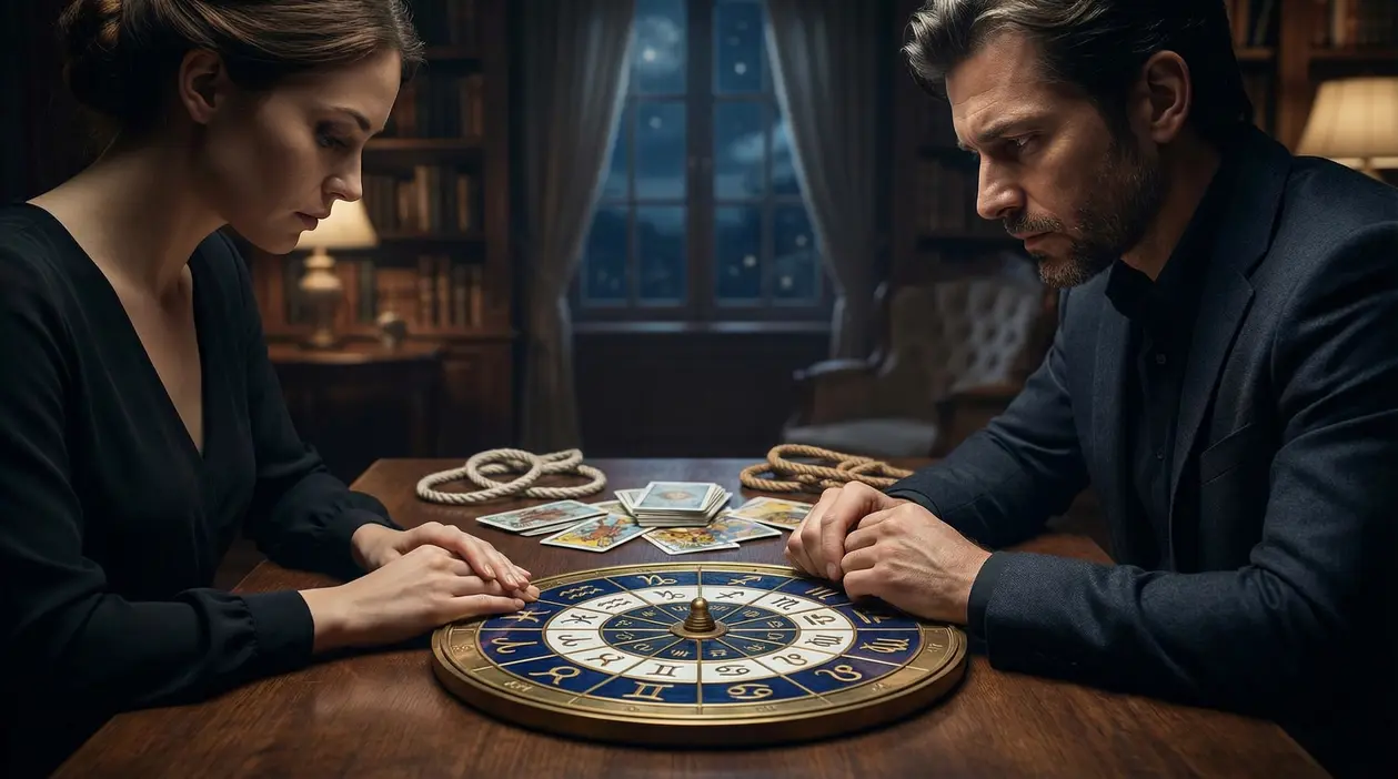 Due persone sedute a un tavolo con una ruota zodiacale e carte dei tarocchi