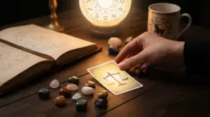 Una mano tiene una carta con il simbolo della bilancia accanto a un libro di astrologia e pietre colorate