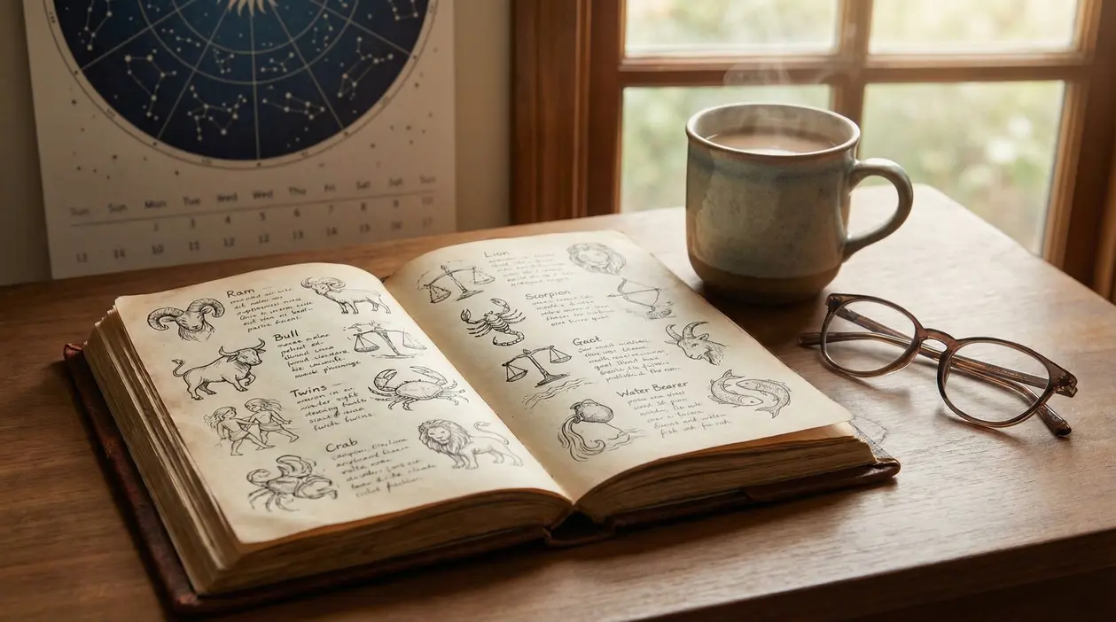 Un libro aperto con disegni dei segni zodiacali su un tavolo accanto a una tazza e occhiali