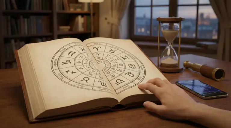 Mano che sfoglia un libro aperto con simboli zodiacali su un tavolo con clessidra e telefono