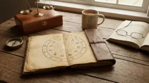 Tavolo in legno con libro aperto sui segni zodiacali, bilancia, bussola e tazza.