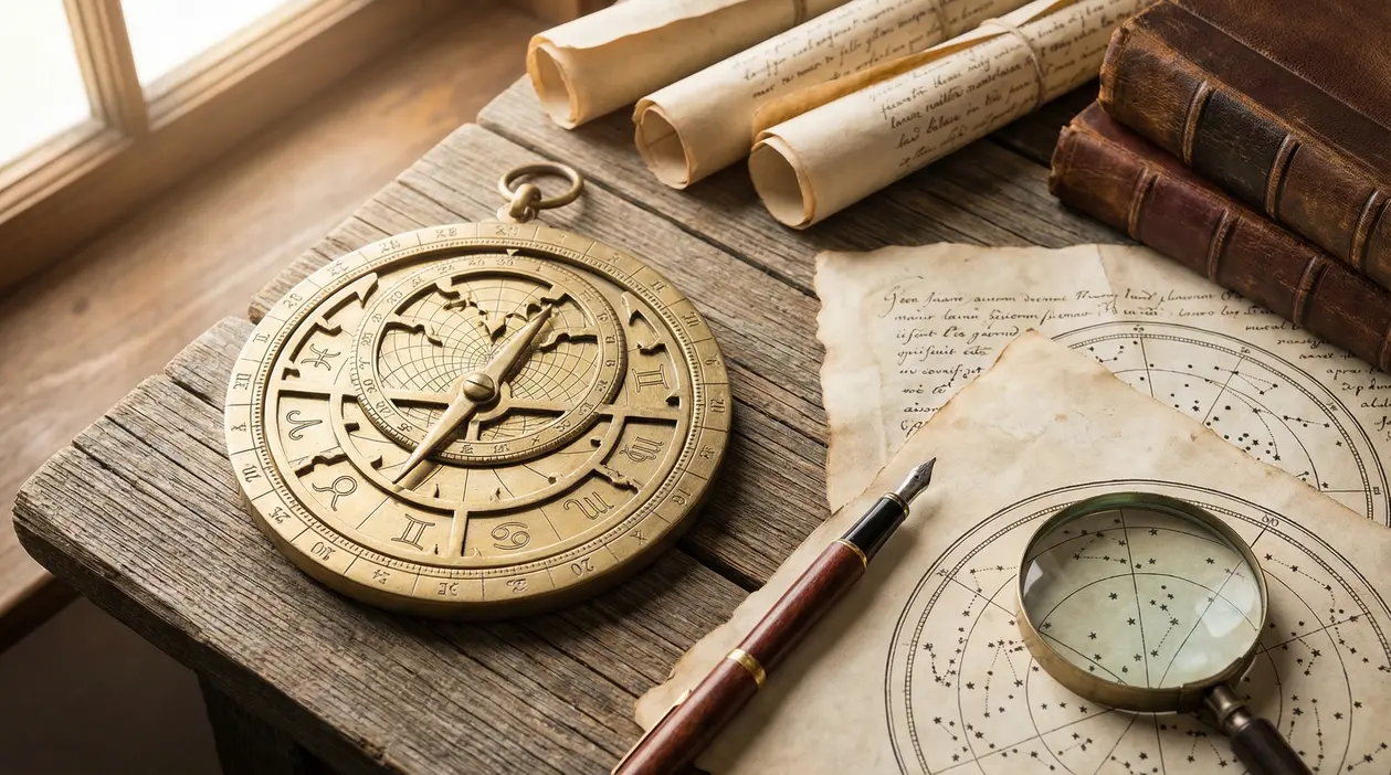 Strumenti astrologici antichi con simboli zodiacali su un tavolo di legno