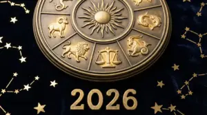 Rappresentazione dorata dei segni zodiacali su sfondo blu con l'anno 2026