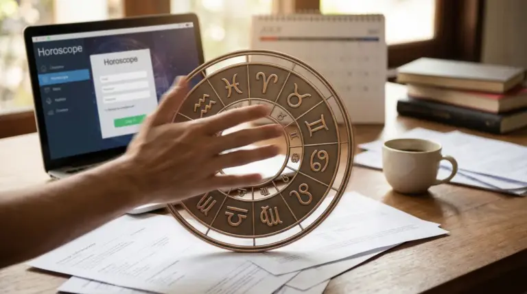 Una mano che tiene un cerchio con simboli zodiacali su una scrivania con computer e documenti