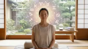 Persona seduta in meditazione con simboli zodiacali intorno alla testa