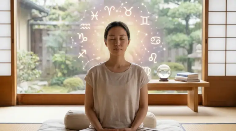 Persona seduta in meditazione con simboli zodiacali intorno alla testa