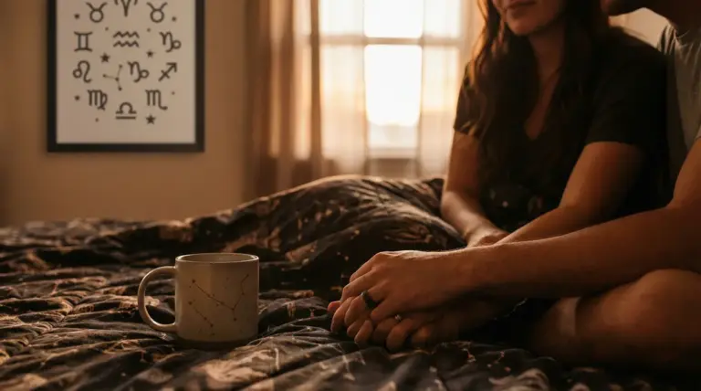 Coppia seduta su un letto che si tiene per mano, con una tazza e simboli zodiacali sullo sfondo