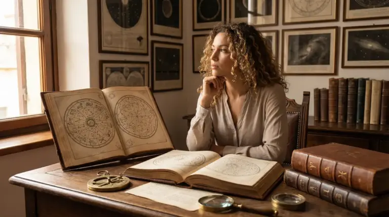 Una persona riflette osservando mappe astrologiche in un ambiente ricco di libri antichi