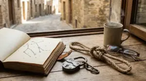 Libro aperto con costellazioni, lucchetto, corda, tazza e occhiali su un tavolo di legno vicino a una finestra