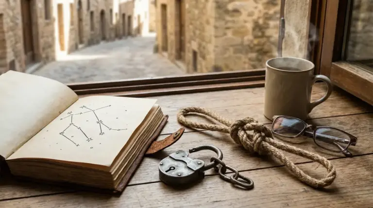 Libro aperto con costellazioni, lucchetto, corda, tazza e occhiali su un tavolo di legno vicino a una finestra