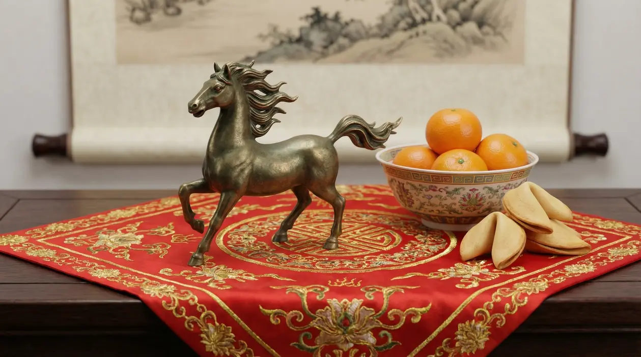 Statua di cavallo su tovaglia rossa con arance e biscotti della fortuna