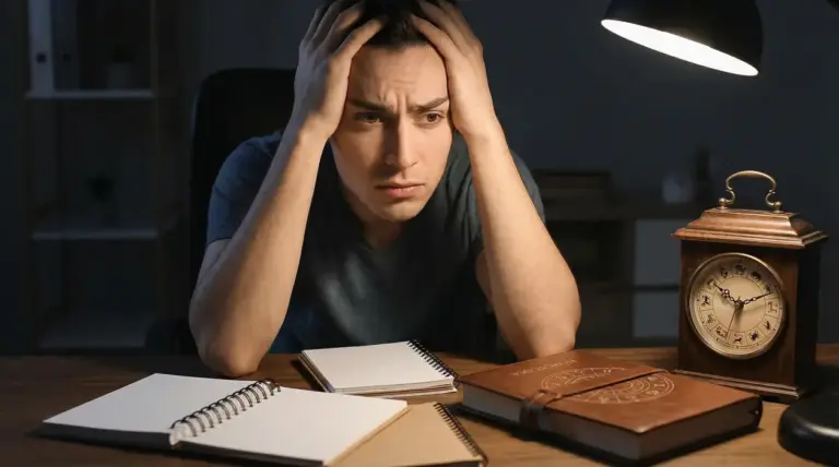 Persona pensierosa con le mani sulla testa accanto a un orologio con simboli zodiacali