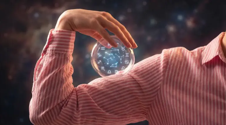 Una persona regge una sfera luminosa con simboli zodiacali