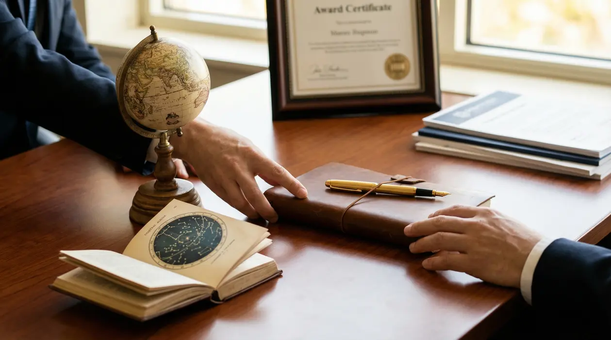 Due persone in abiti formali discutono accanto a un libro di astrologia, un mappamondo e un certificato su una scrivania