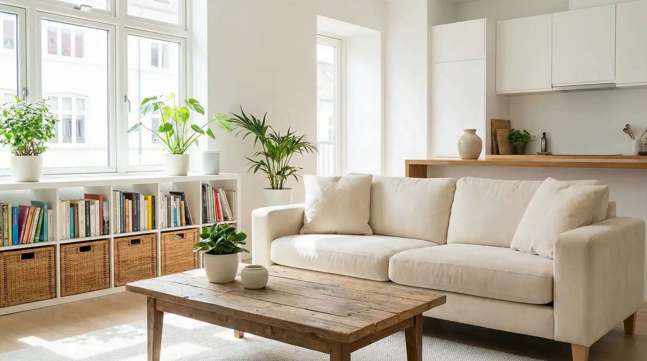 Soggiorno ordinato con divano chiaro, tavolino in legno, piante e libreria organizzata