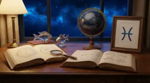 Scrivania con libri aperti su astrologia e psicologia, globo celeste, e simbolo del segno dei Pesci