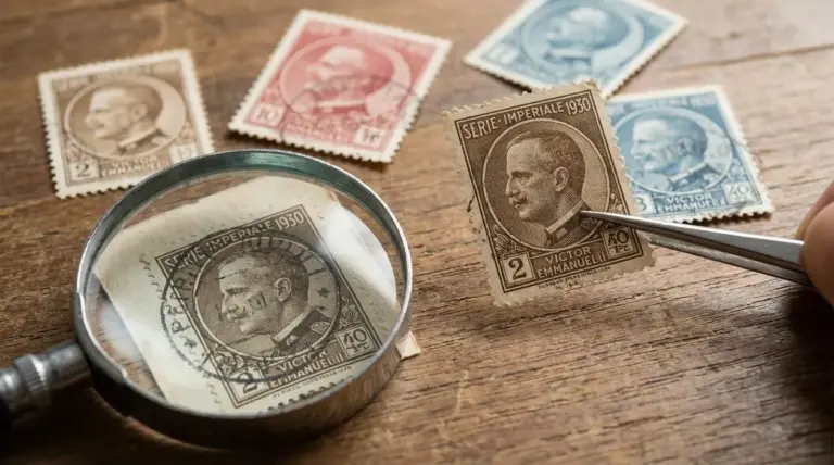 Francobolli italiani Serie Imperiale 1930 su tavolo, uno osservato con lente d’ingrandimento e uno tenuto con pinzette