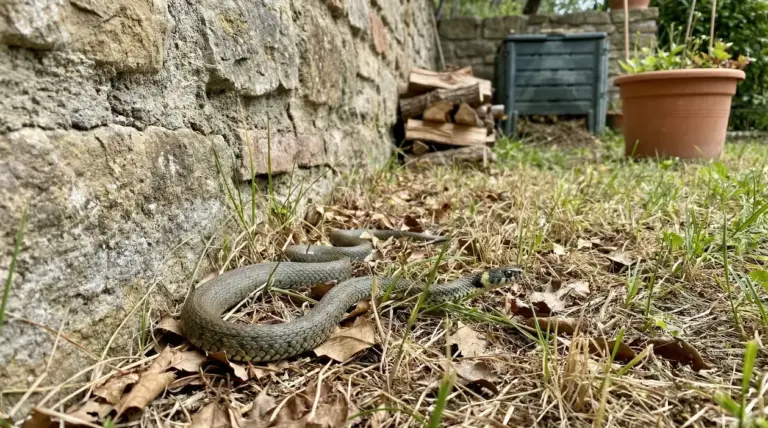 Serpente tra l'erba secca vicino a un muro di pietra in un giardino