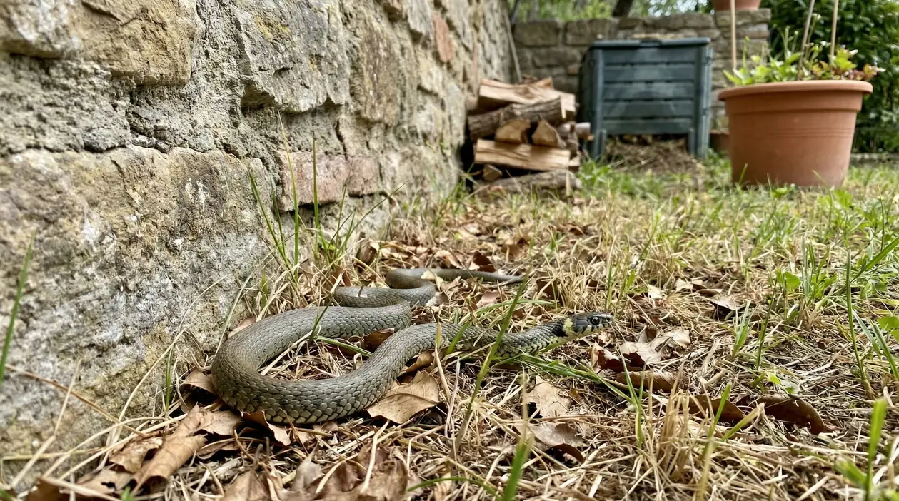 Serpente tra l'erba secca vicino a un muro di pietra in un giardino