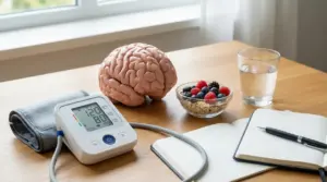 Modello di cervello su un tavolo con misuratore di pressione, frutta, acqua e taccuino