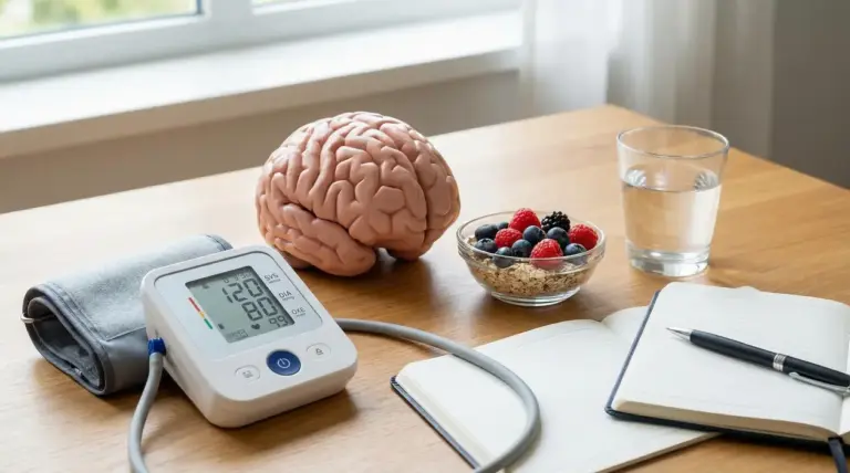 Modello di cervello su un tavolo con misuratore di pressione, frutta, acqua e taccuino