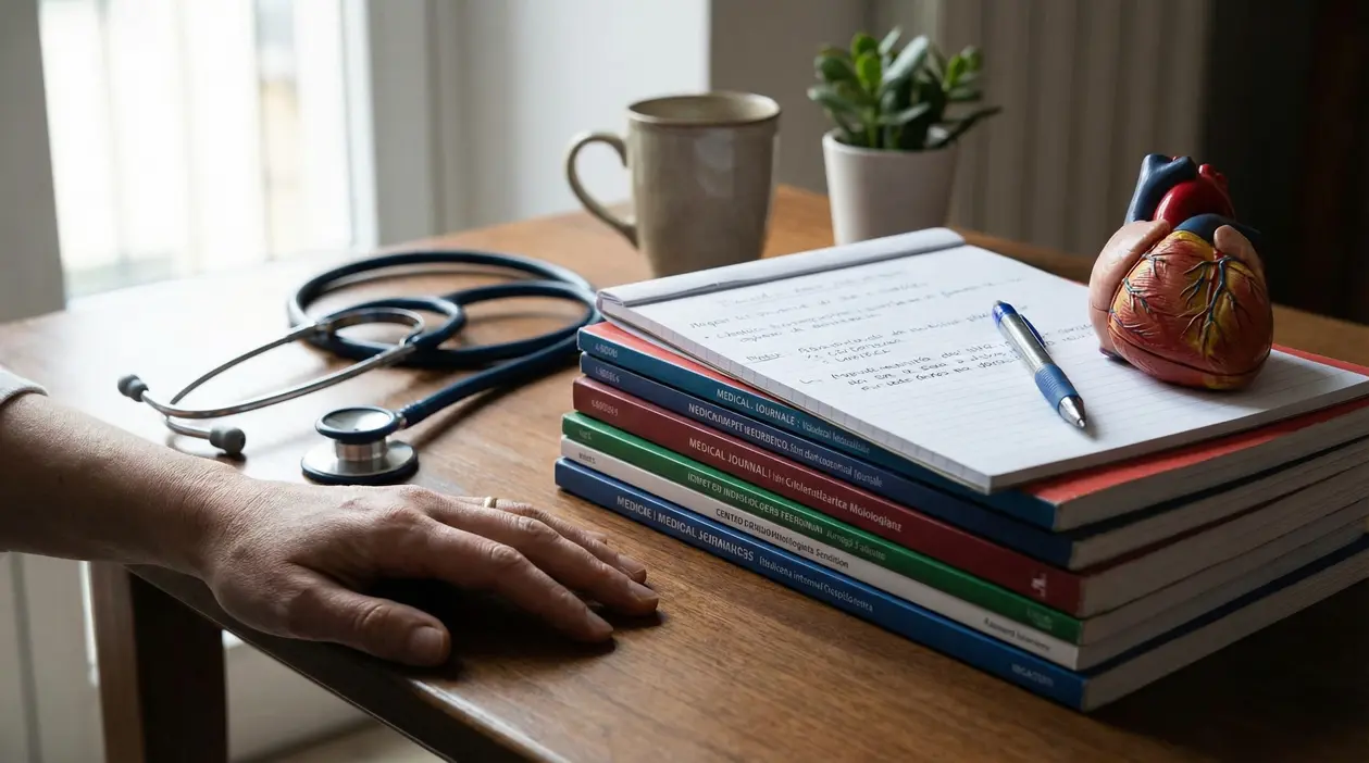 Scrivania con stetoscopio, libri medici, taccuino e modello anatomico del cuore