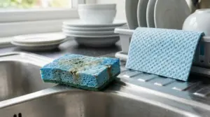 Spugna da cucina usurata accanto a un panno pulito su lavello in acciaio